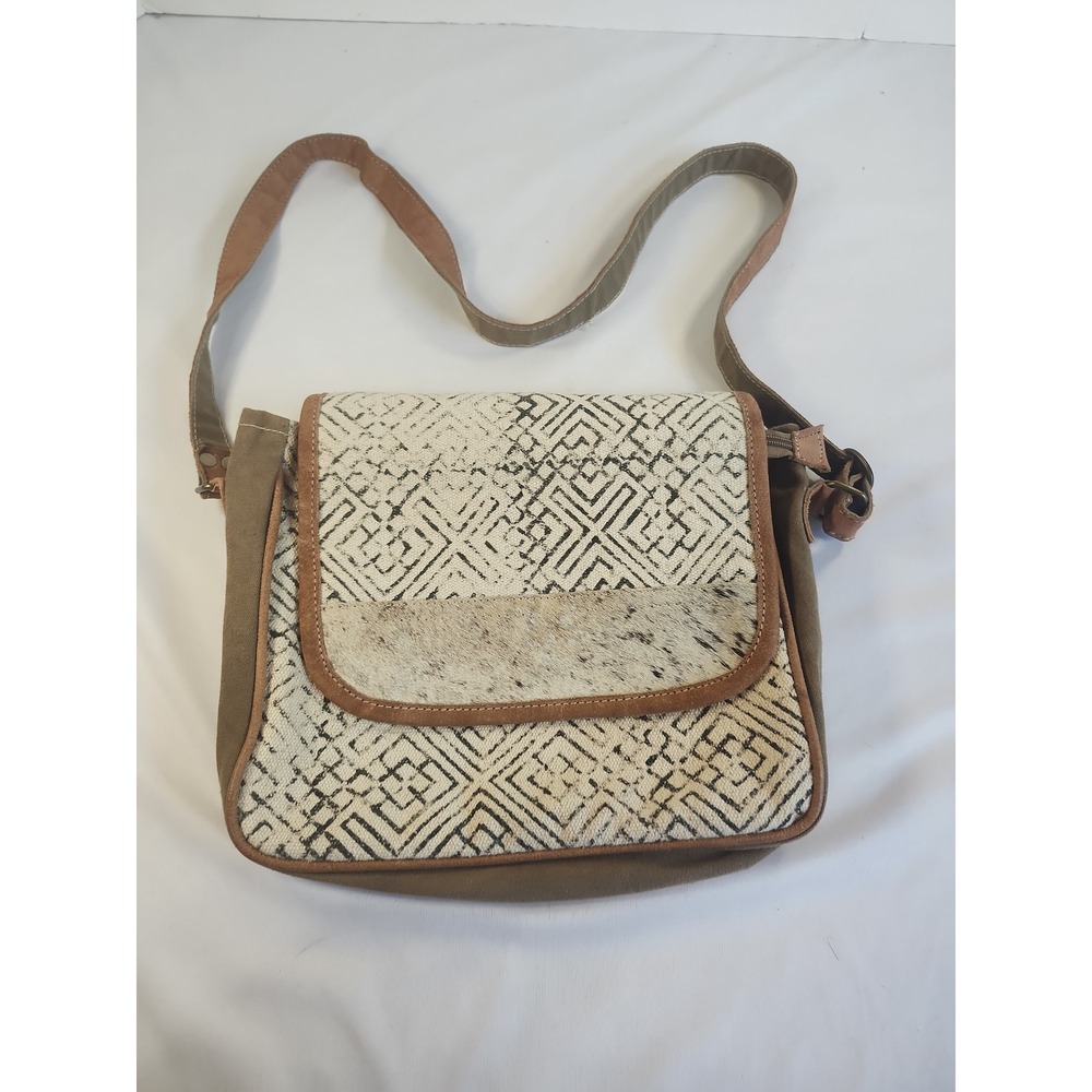 Boho Canvas Hair On Hide Crossbody Messenger‎ Bag Geometric Print Olive Green